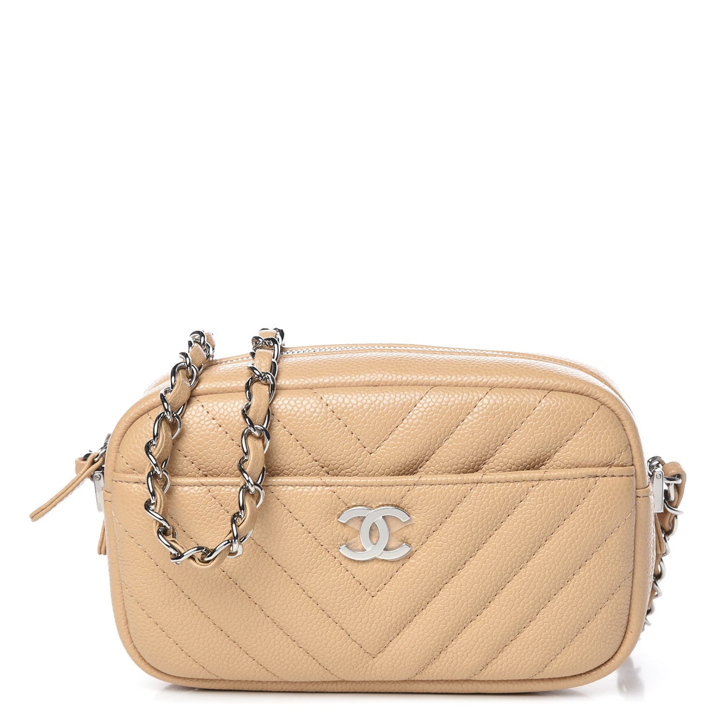 Caviar Chevron Quilted Camera Case Beige