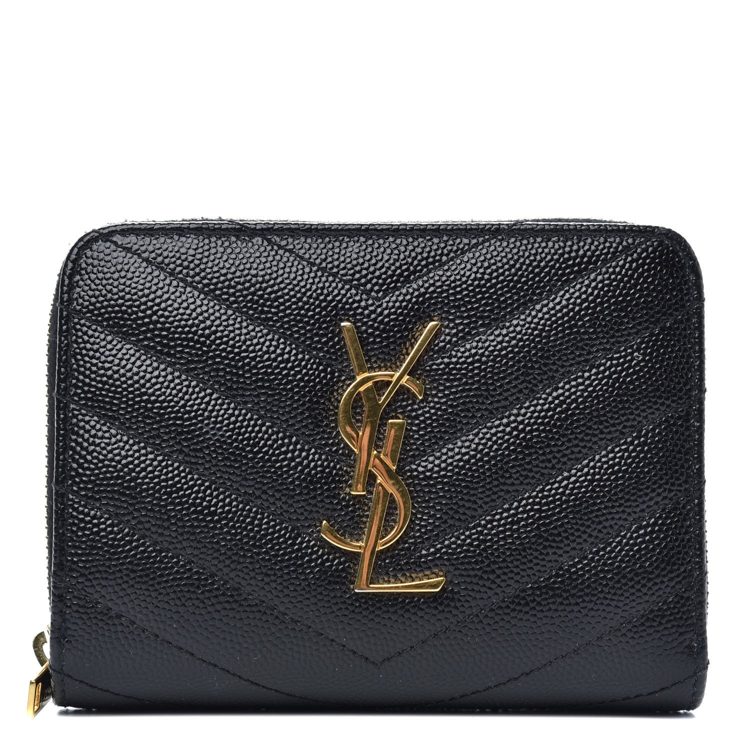 Saint Laurent Grain De Poudre Matelasse Chevron Monogram Compact Zip Around Wallet Black 1 of 7