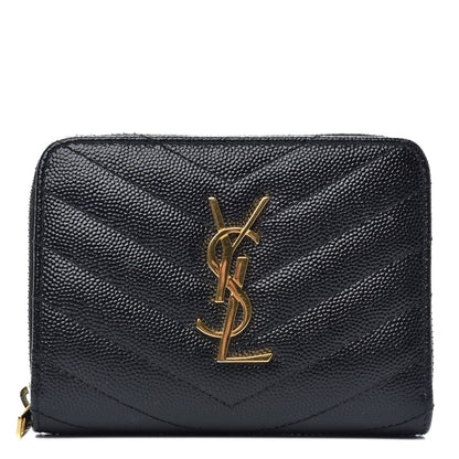 Saint Laurent Grain De Poudre Matelasse Chevron Monogram Compact Zip Around Wallet Black 1 of 7