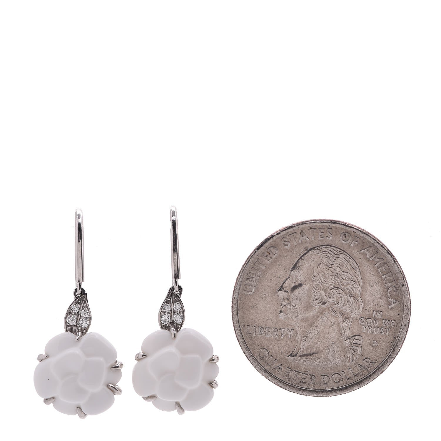 Chanel 18K White Gold Diamond White Agate Camellia Earrings 2 of 3