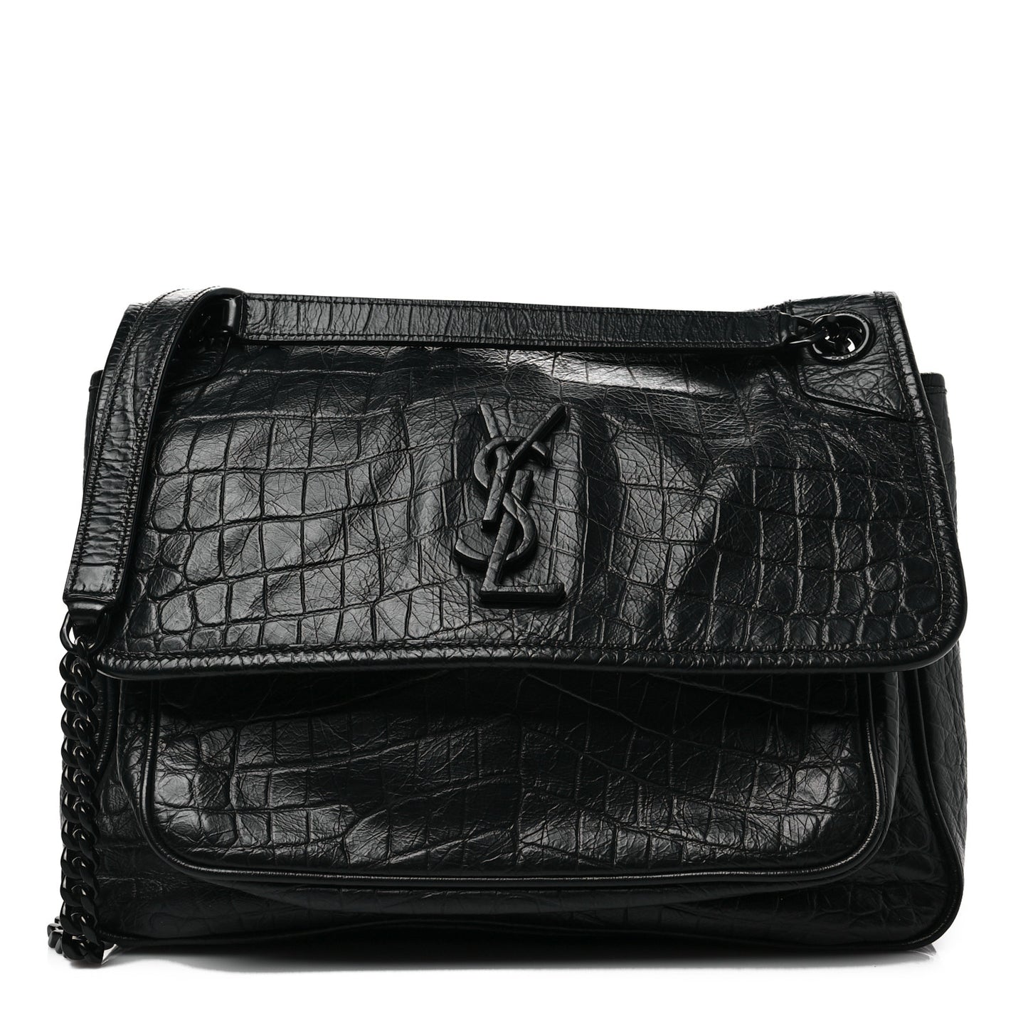 Crocodile Embossed Lambskin Monogram Medium Niki Chain Satchel Black