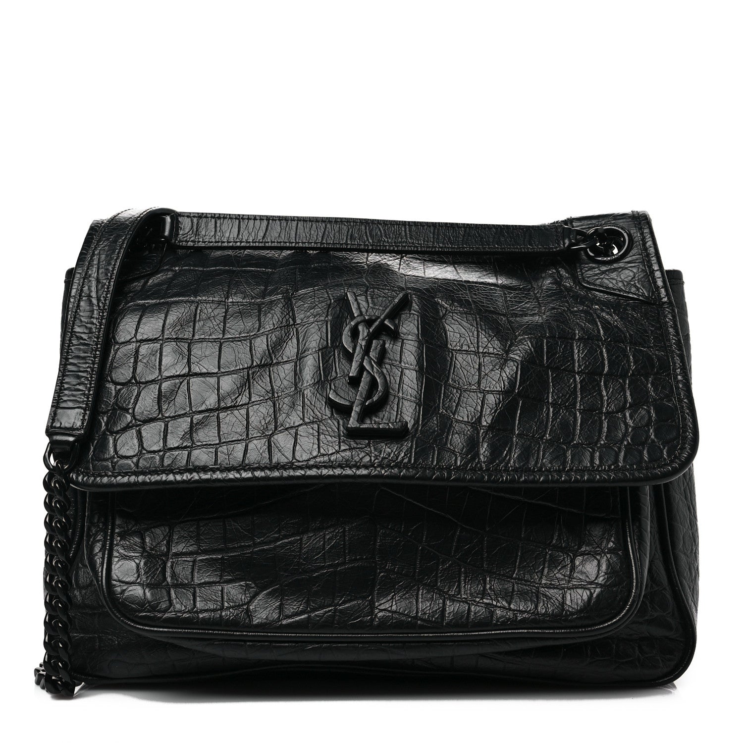 Saint Laurent Crocodile Embossed Lambskin Monogram Medium Niki Chain Satchel Black 1 of 6