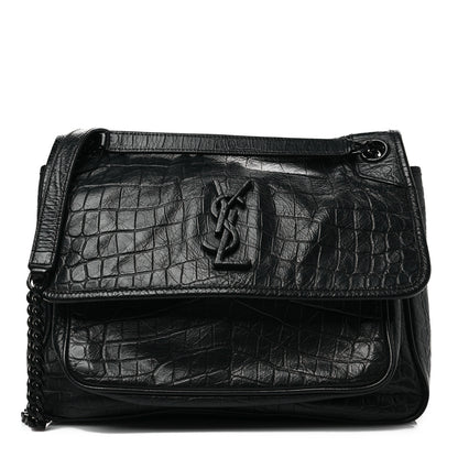 Saint Laurent Crocodile Embossed Lambskin Monogram Medium Niki Chain Satchel Black 1 of 6