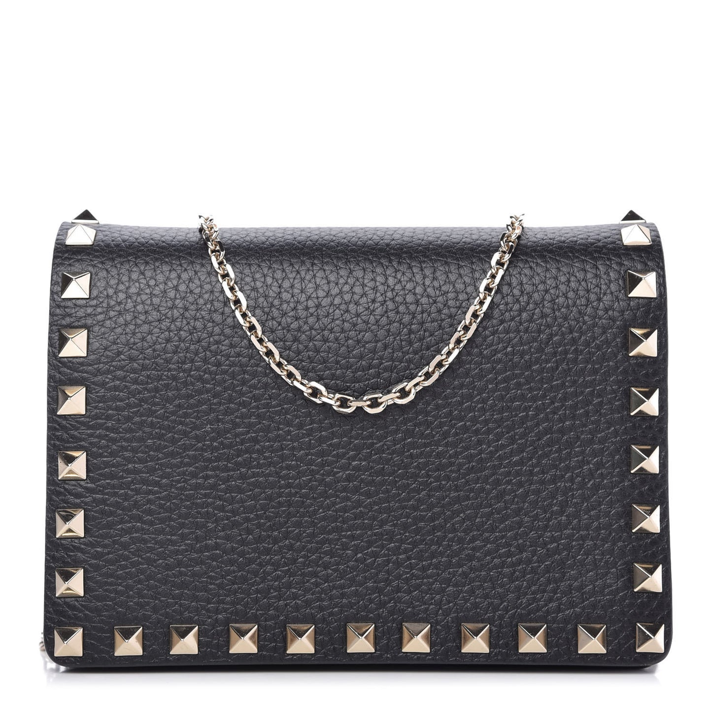 Pebbled Calfskin Rockstud Wallet on Chain Black