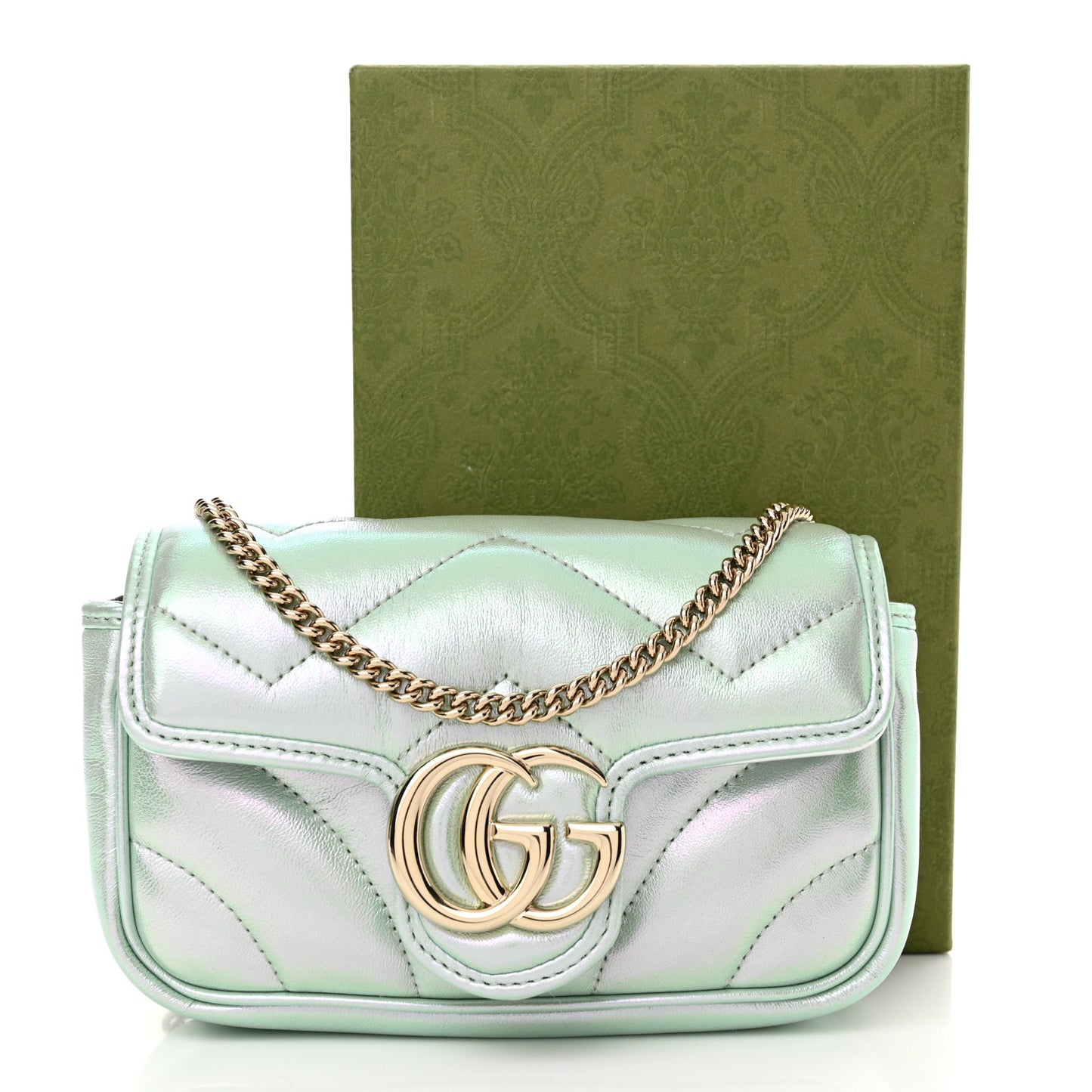 Iridescent Nappa Chevron Matelasse Super Mini GG Marmont Shoulder Bag Green Iridescent