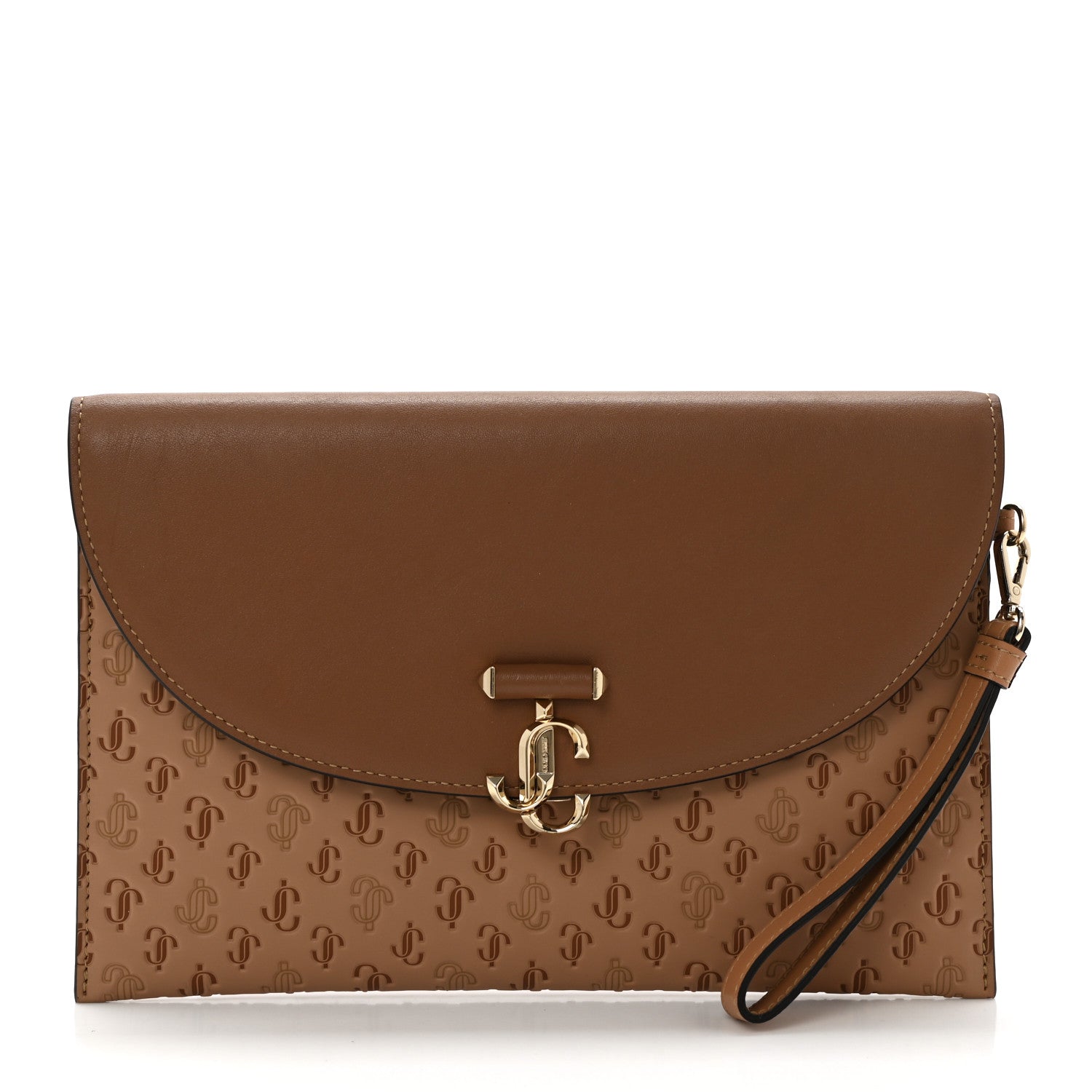Jimmy Choo Calfskin JC Embossed Envelope Pouch Caramel 1 of 7
