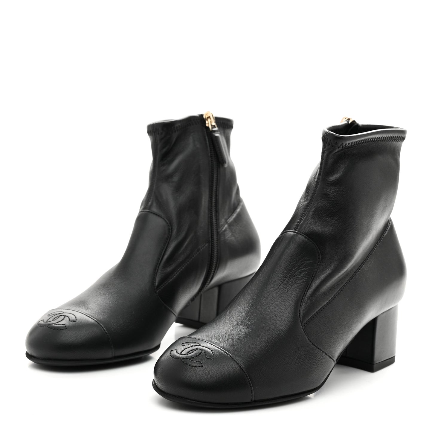 Stretch Lambskin Cap Toe CC Uniform Short Boots 36 Black