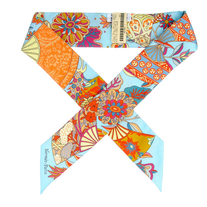 Hermes Silk Fleurs et Papillons de Tissus Twilly Bleu Ciel Corail Jaune 1 of 7