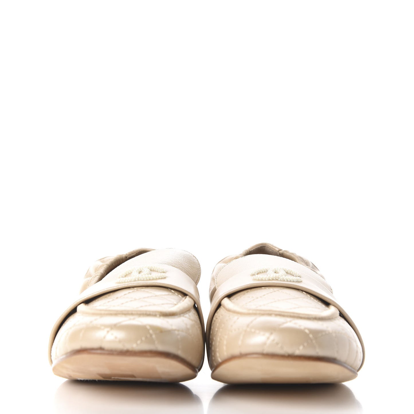 Laminated Lambskin Womens Quilted Elastic CC Moccasin Loafers 36.5 Beige