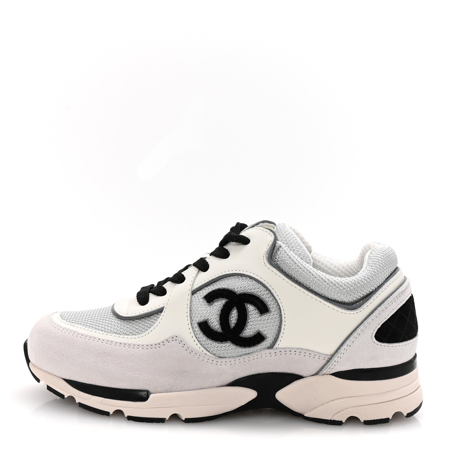 Chanel Calfskin Fabric Womens CC Sneakers 37 White Silver Light Grey 1 of 8