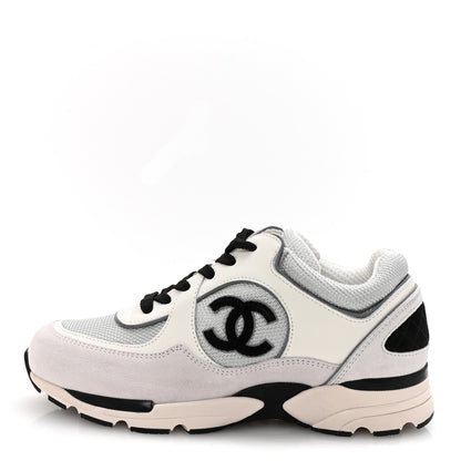 Chanel Calfskin Fabric Womens CC Sneakers 37 White Silver Light Grey 1 of 8