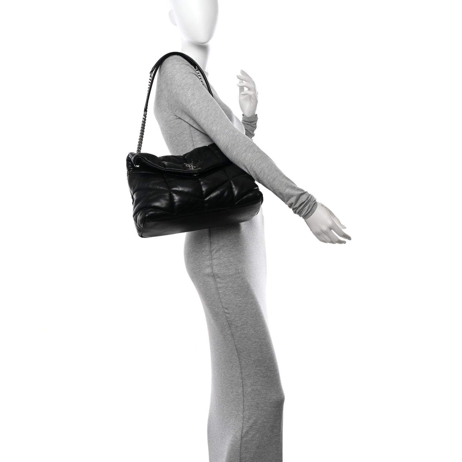 Saint Laurent Lambskin Quilted Medium Loulou Puffer Monogram Chain Satchel Black 2 of 10