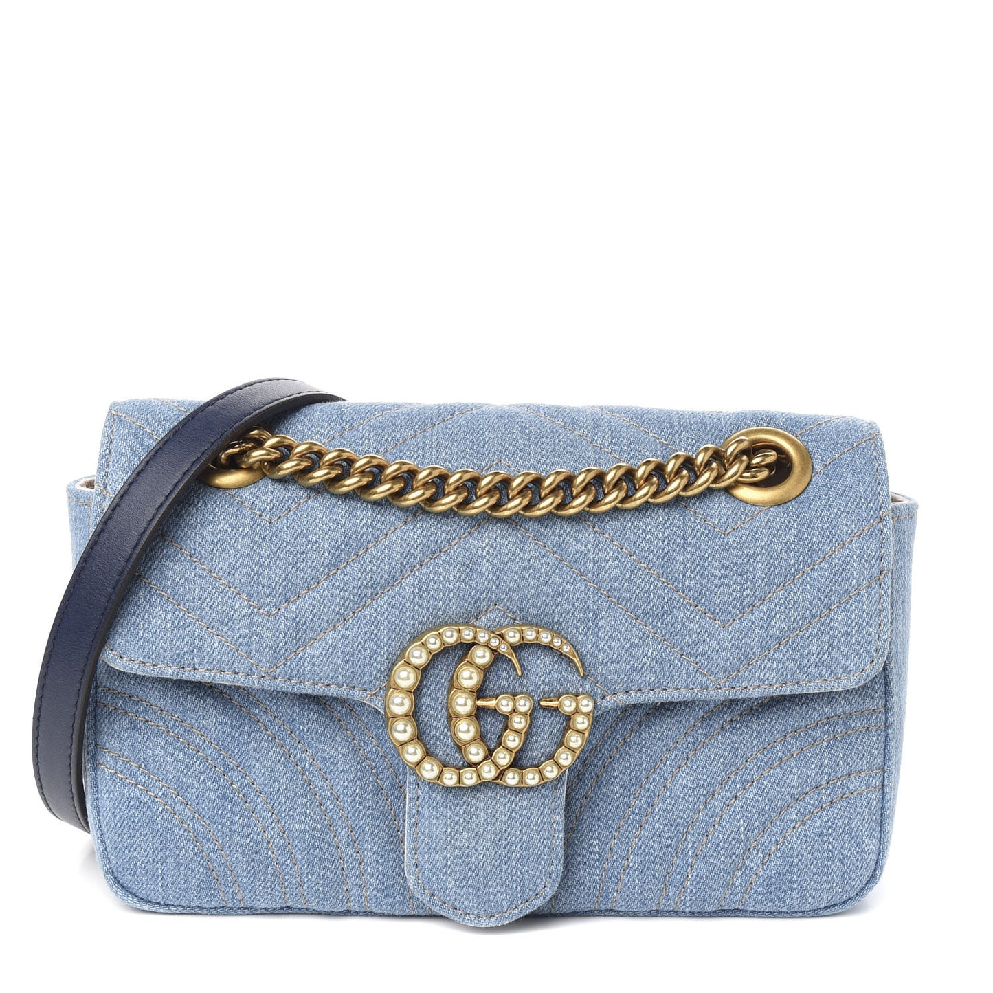 Denim Matelasse Mini Pearly GG Marmont Shoulder Bag Blue