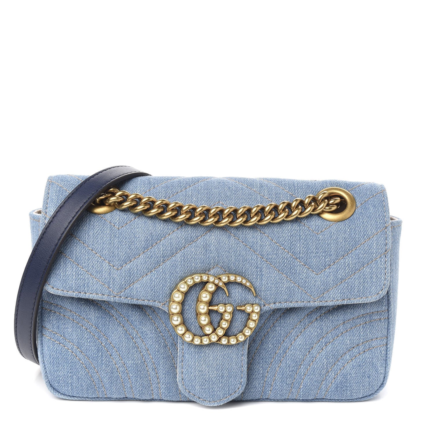 Gucci Denim Matelasse Mini Pearly GG Marmont Shoulder Bag Blue 1 of 9