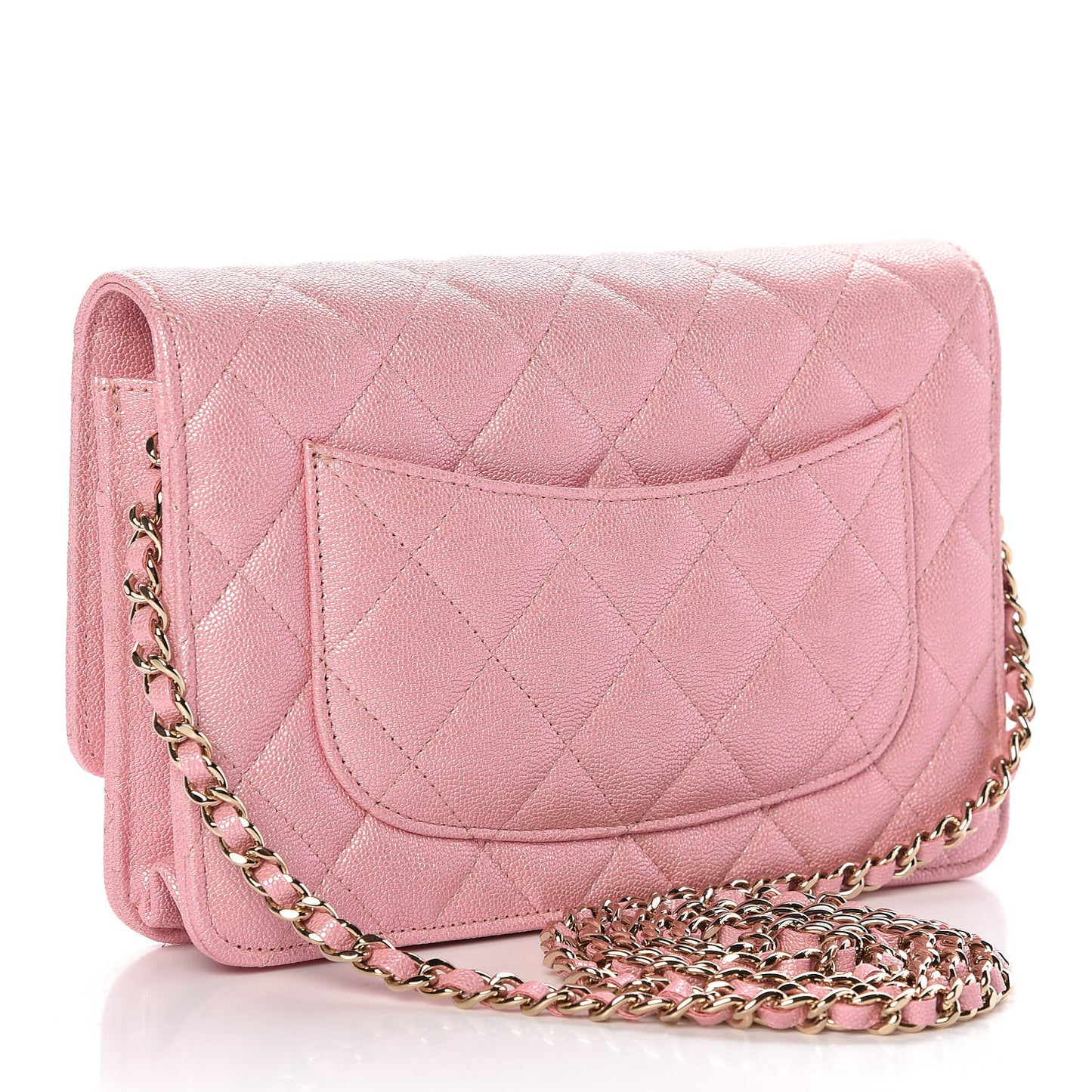Iridescent Caviar Quilted Wallet on Chain WOC Rose Pink