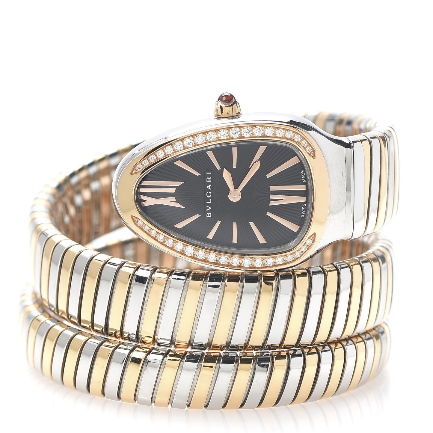 Stainless Steel 18K Rose Gold Diamond Bezel 35mm Serpenti Tubogas Double Spiral Quartz Watch Black