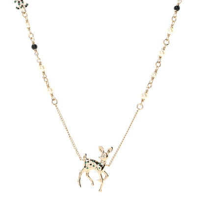 Chanel Metal Crystal Pearl Deer Pendant Necklace Green Black Gold 1 of 7
