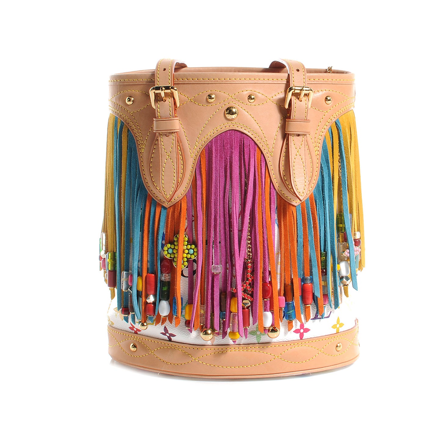 Monogram Multicolor Fringe Bucket White