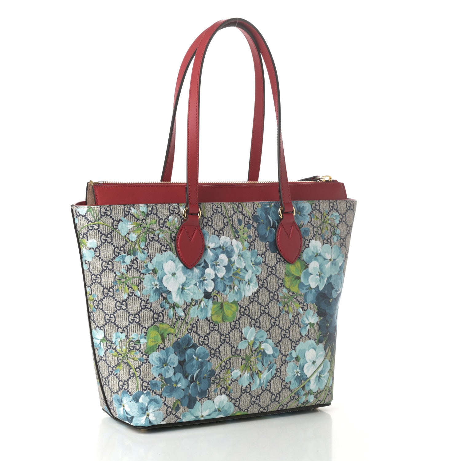 Gucci GG Supreme Monogram Blooms Medium Zippered Bucket Tote Beige Blue Navy Hibiscus Red 3 of 9