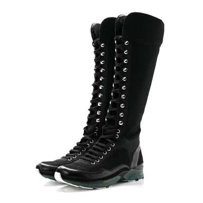 Chanel Tweed Patent Calfskin Sneaker High Boots 38.5 Black 3 of 10