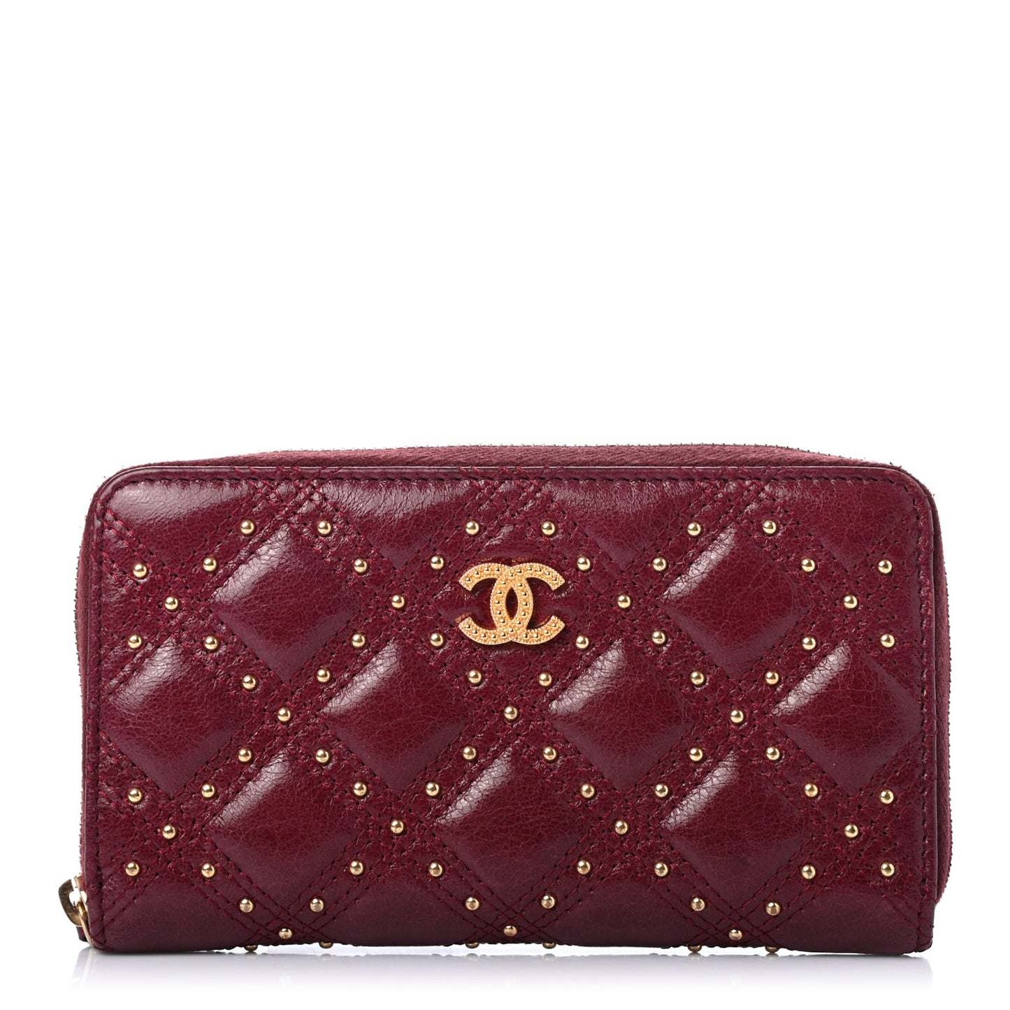 Lambskin Studded Quilted Zip Around Wallet Burgundy