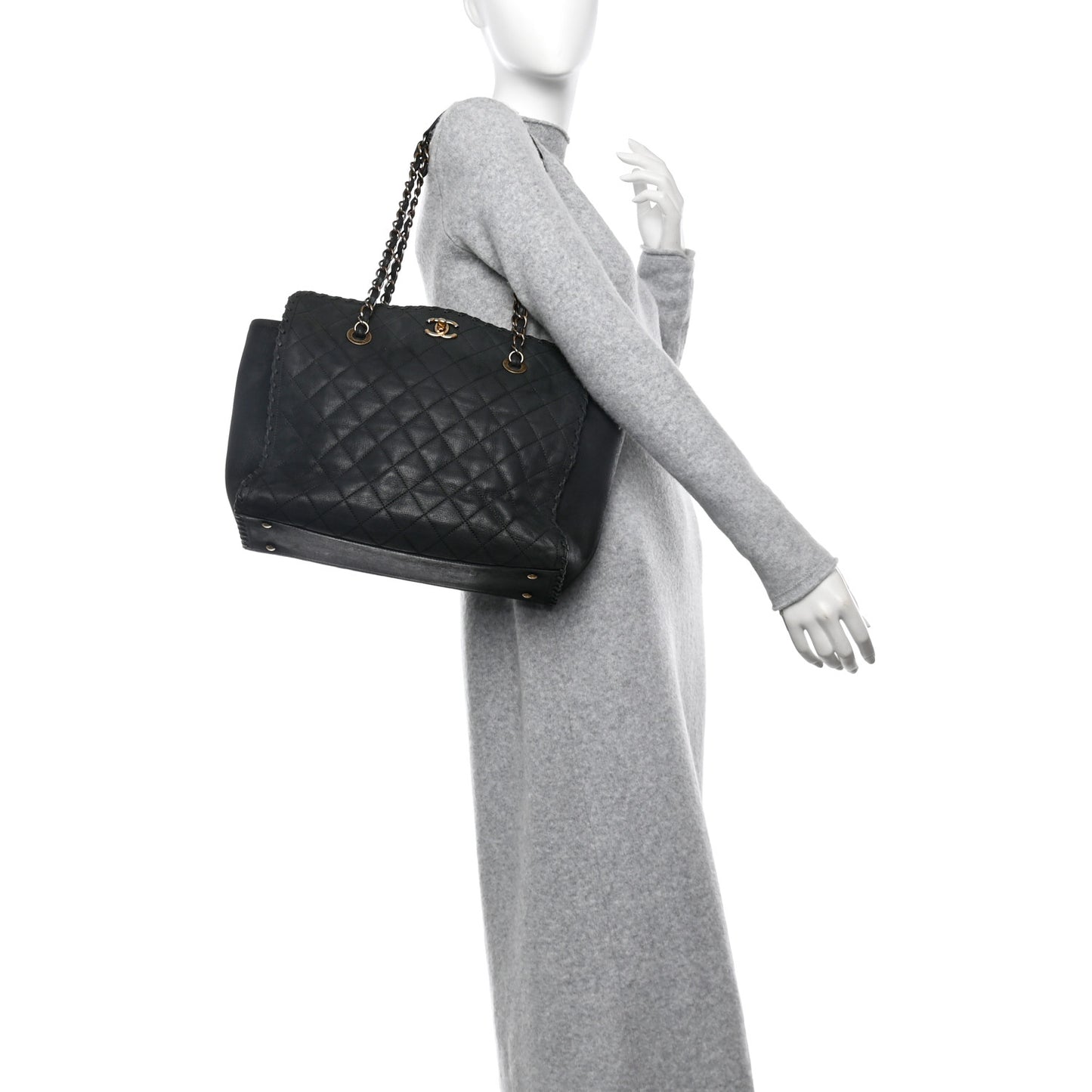 Iridescent Calfskin Quilted Happy Stitch Shopping Tote Black