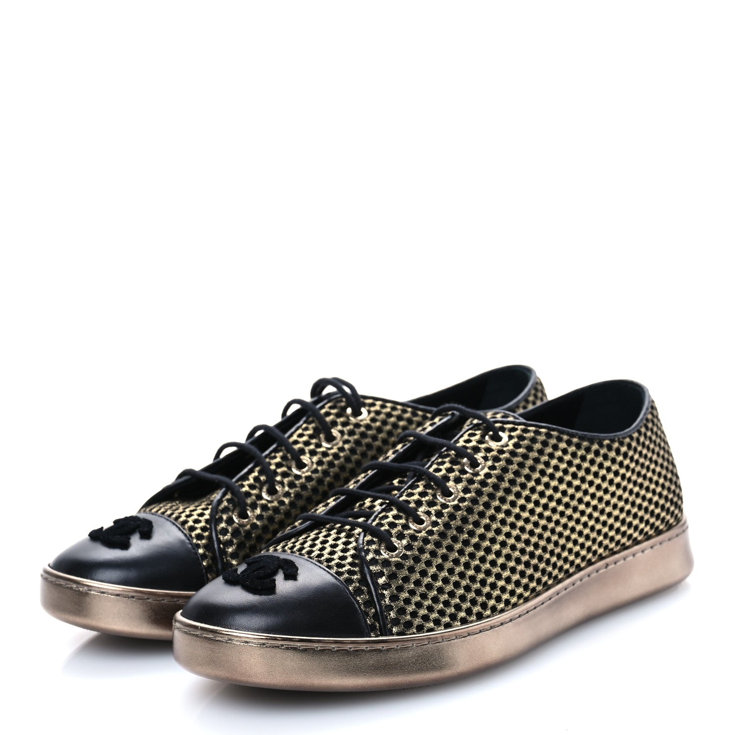 Chanel Fabric Mesh Lambskin Low Top Sneakers 39.5 Gold Black 3 of 9