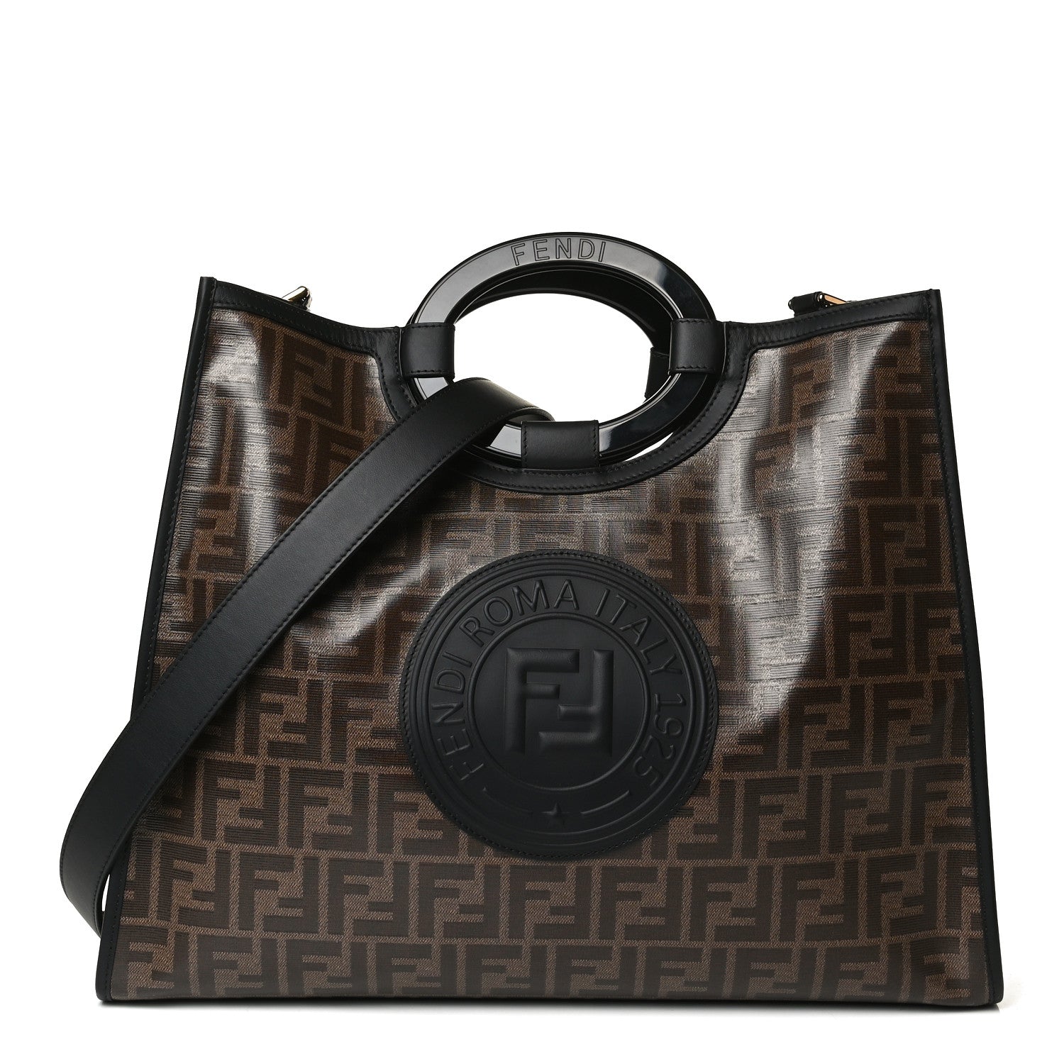 Fendi Glazed Fabric Vitello Century Plexiglass FF 1974 Stamp Patch Medium Runaway Shopper Tote Mogano Panna Black 1 of 17