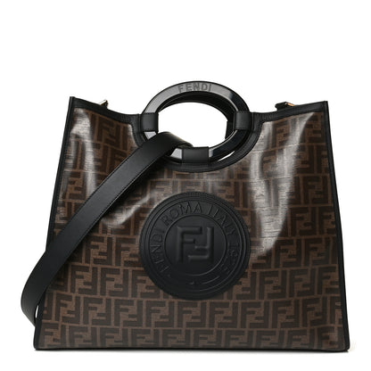 Fendi Glazed Fabric Vitello Century Plexiglass FF 1974 Stamp Patch Medium Runaway Shopper Tote Mogano Panna Black 1 of 17