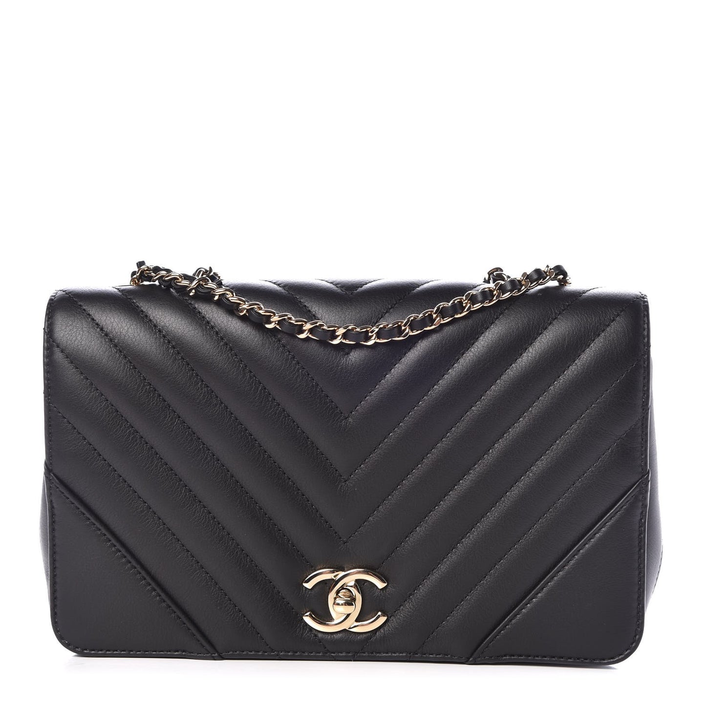 Calfskin Chevron Quilted Statement Flap Black