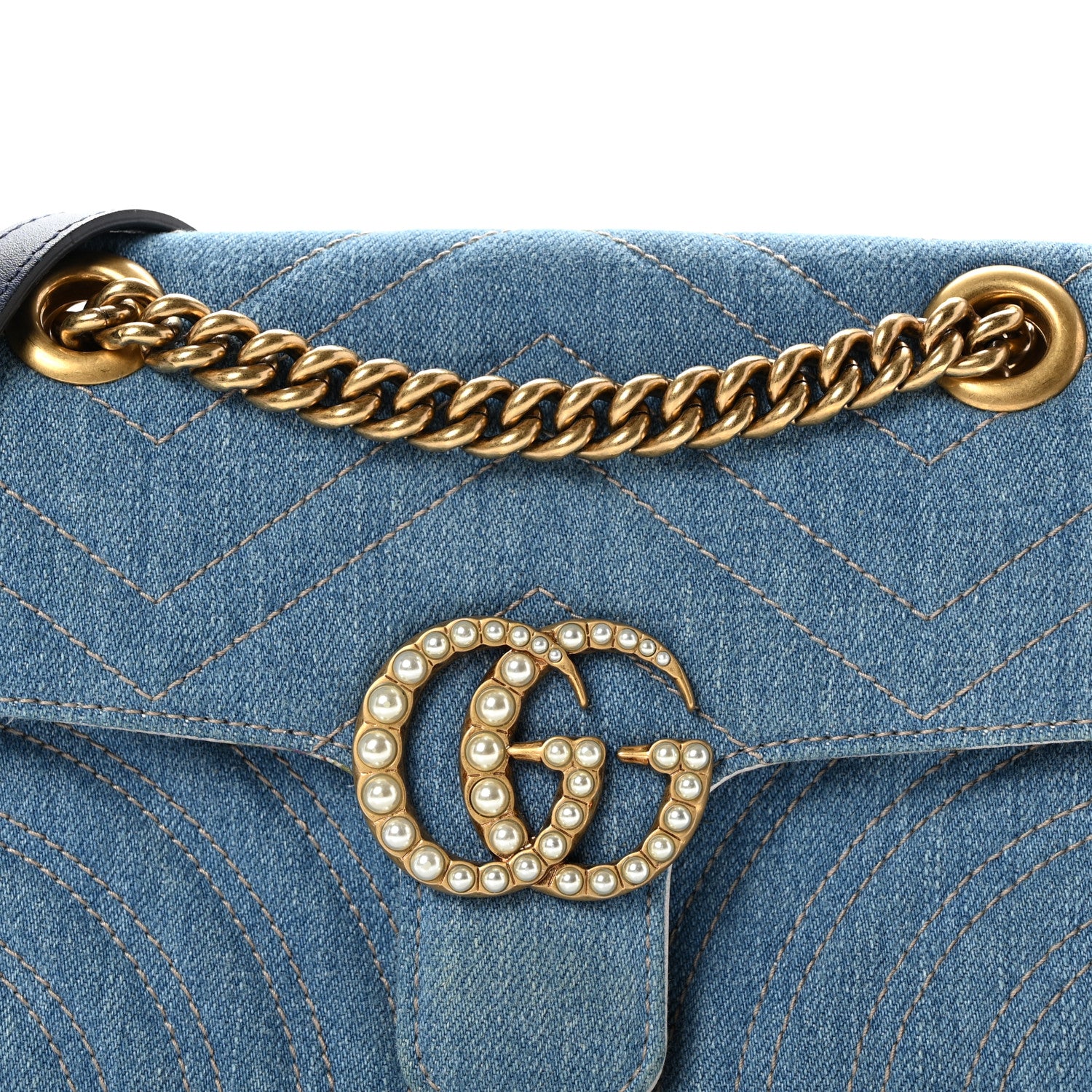 Gucci Denim Matelasse Mini Pearly GG Marmont Shoulder Bag Blue 9 of 11