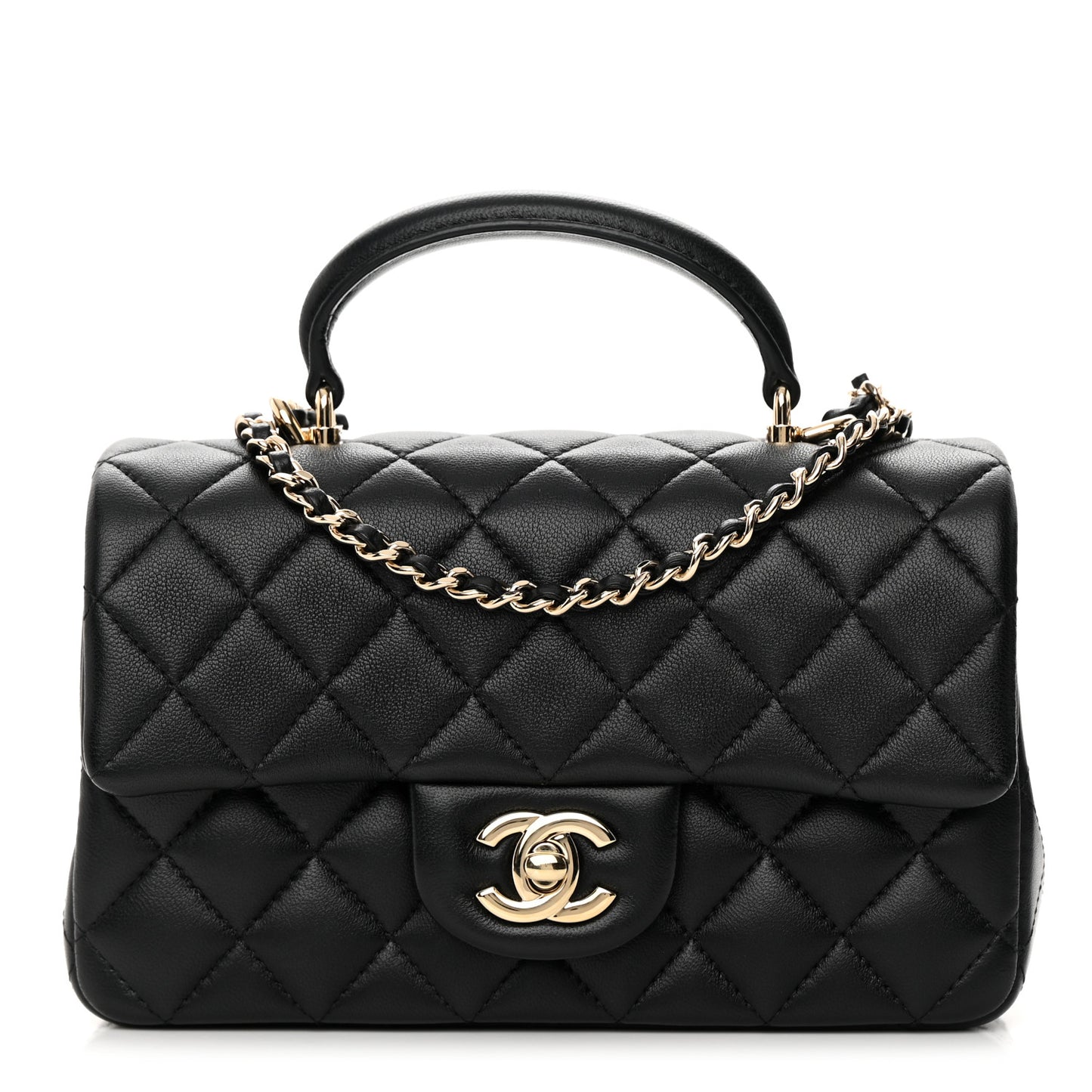 Lambskin Quilted Mini Top Handle Rectangular Flap Black