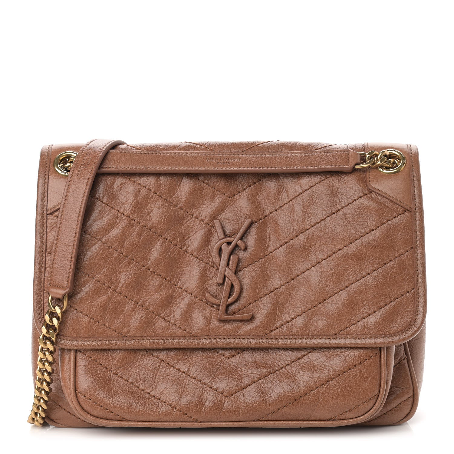 Saint Laurent Crinkled Calfskin Matelasse Monogram Medium Niki Chain Satchel Caramel 1 of 14