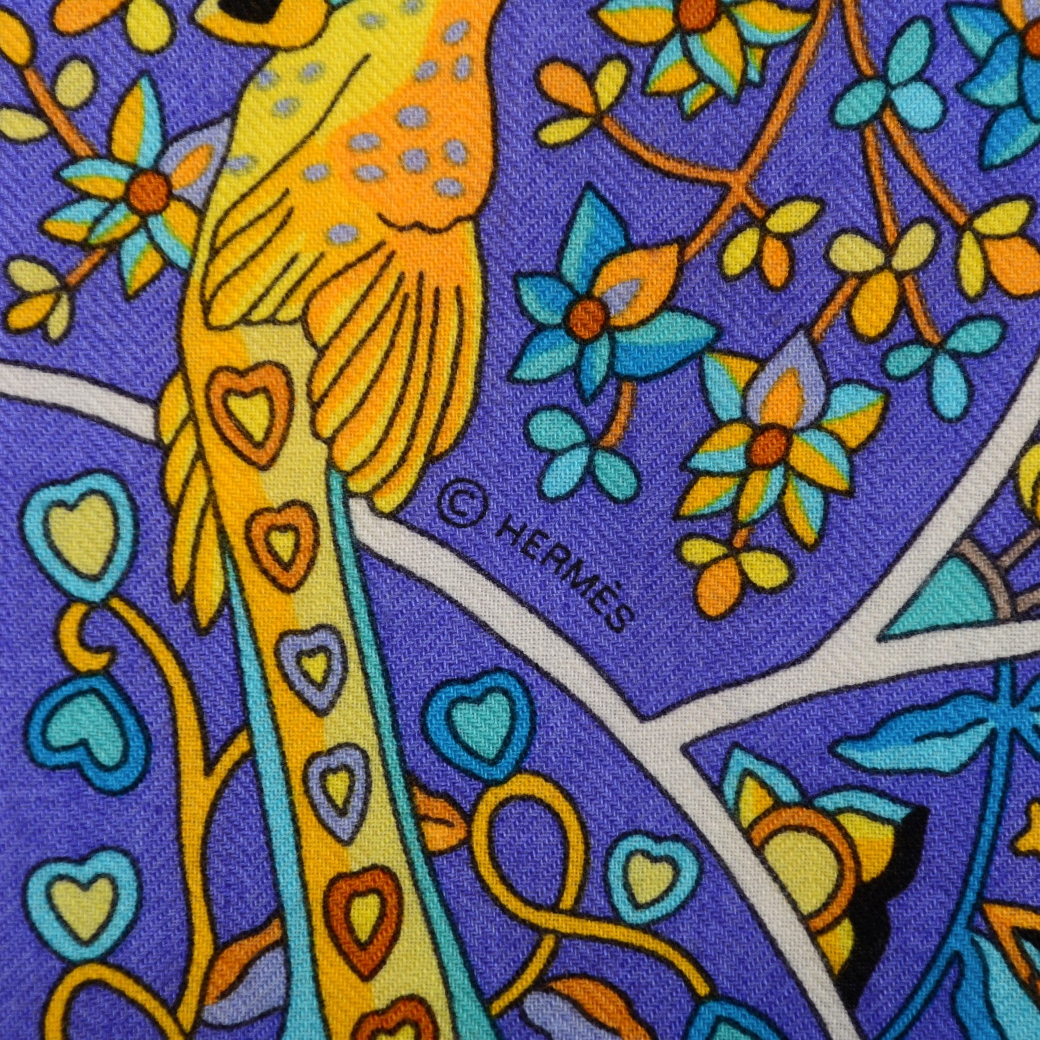 Hermes Cashmere Silk Au Pays Des Oiseaux Fleurs Shawl 140 Marine Turquoise Jaune 7 of 8