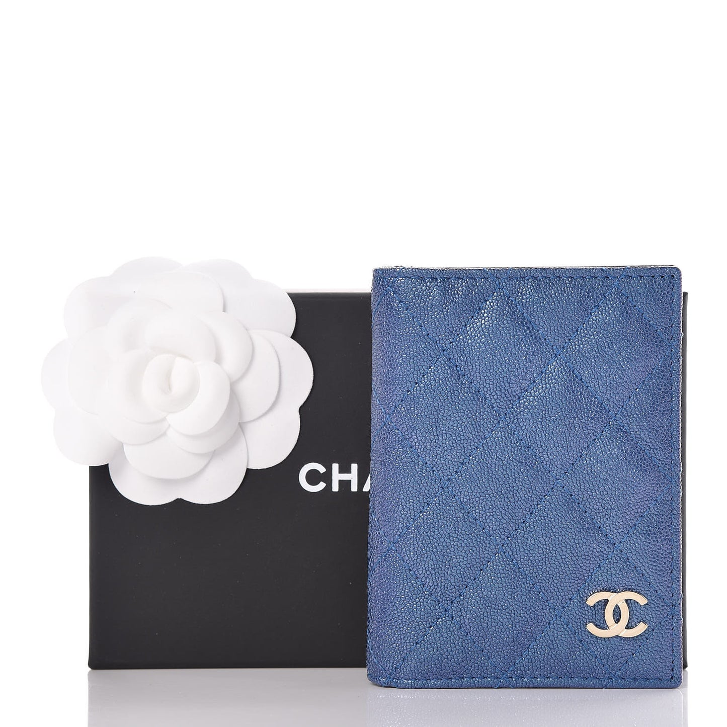 Iridescent Caviar Quilted Card Holder Wallet Dark Blue