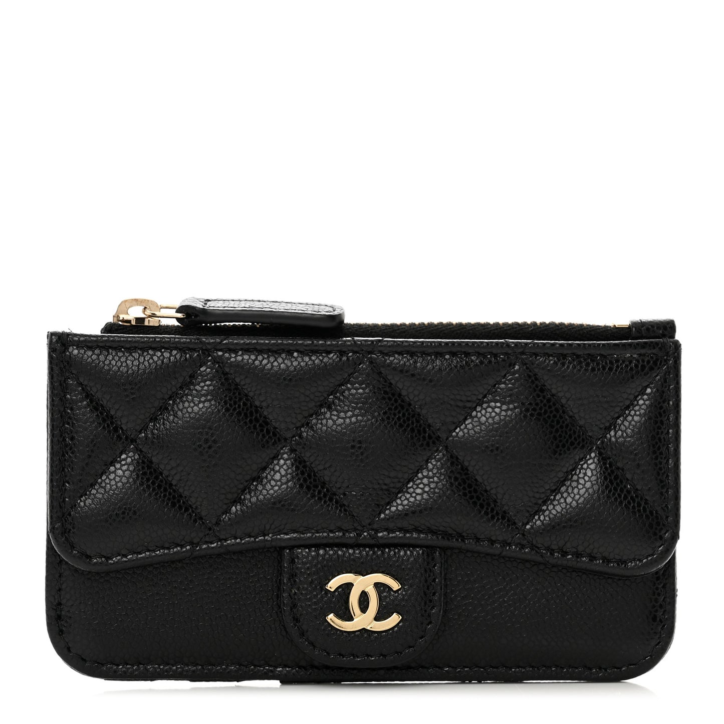 Caviar Quilted Flap Zip Card Holder Black