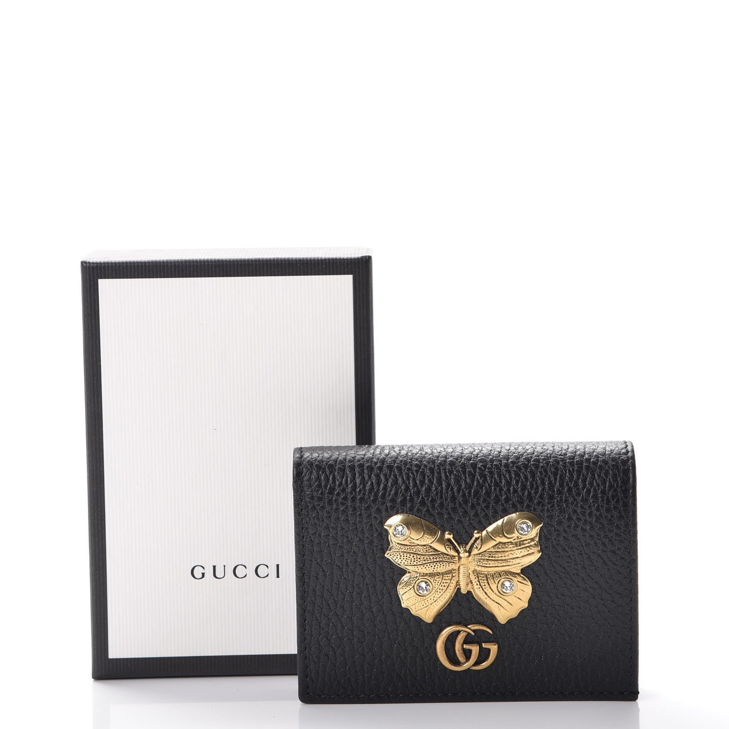 Pebbled Calfskin Butterfly Card Case Black
