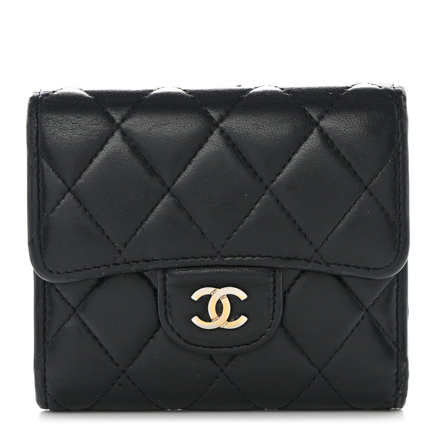 Lambskin Quilted Compact Flap Wallet Black