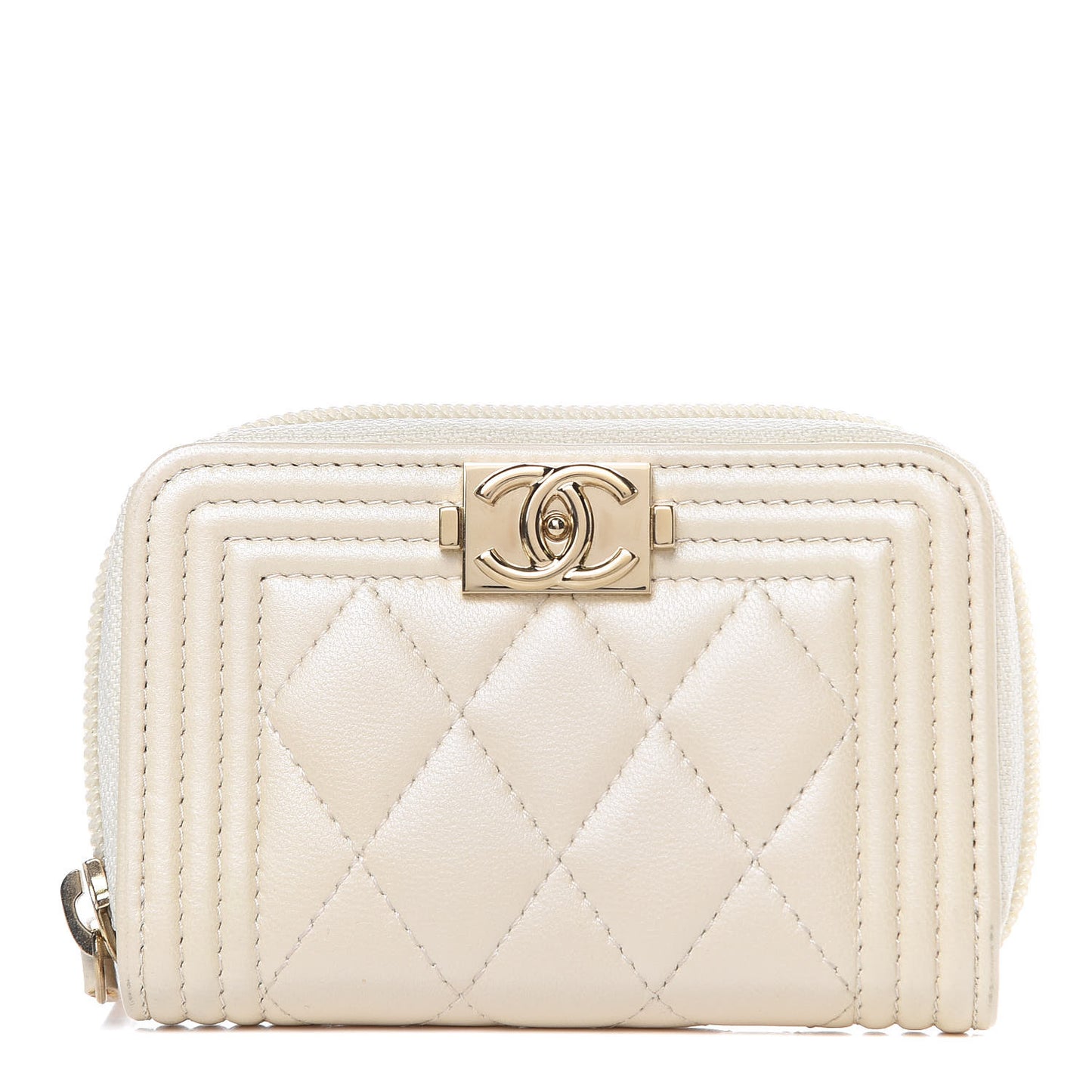 Metallic Lambskin Quilted Boy Zip Around Coin Purse Wallet Ivory