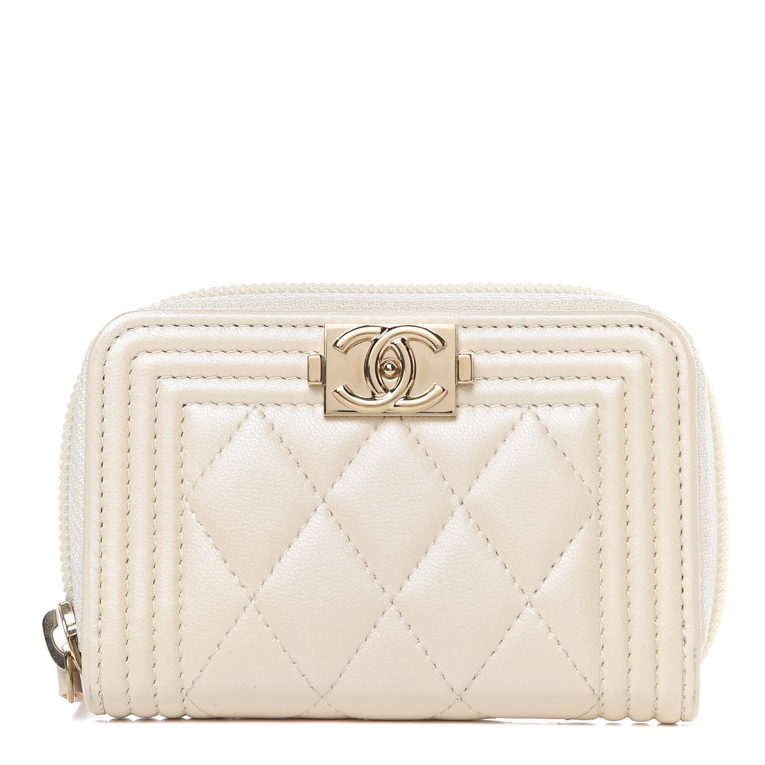 Chanel Metallic Lambskin Quilted Boy Zip Around Coin Purse Wallet Ivory 1 of 12