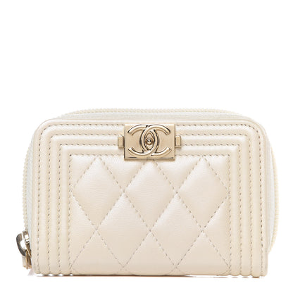 Chanel Metallic Lambskin Quilted Boy Zip Around Coin Purse Wallet Ivory 1 of 12