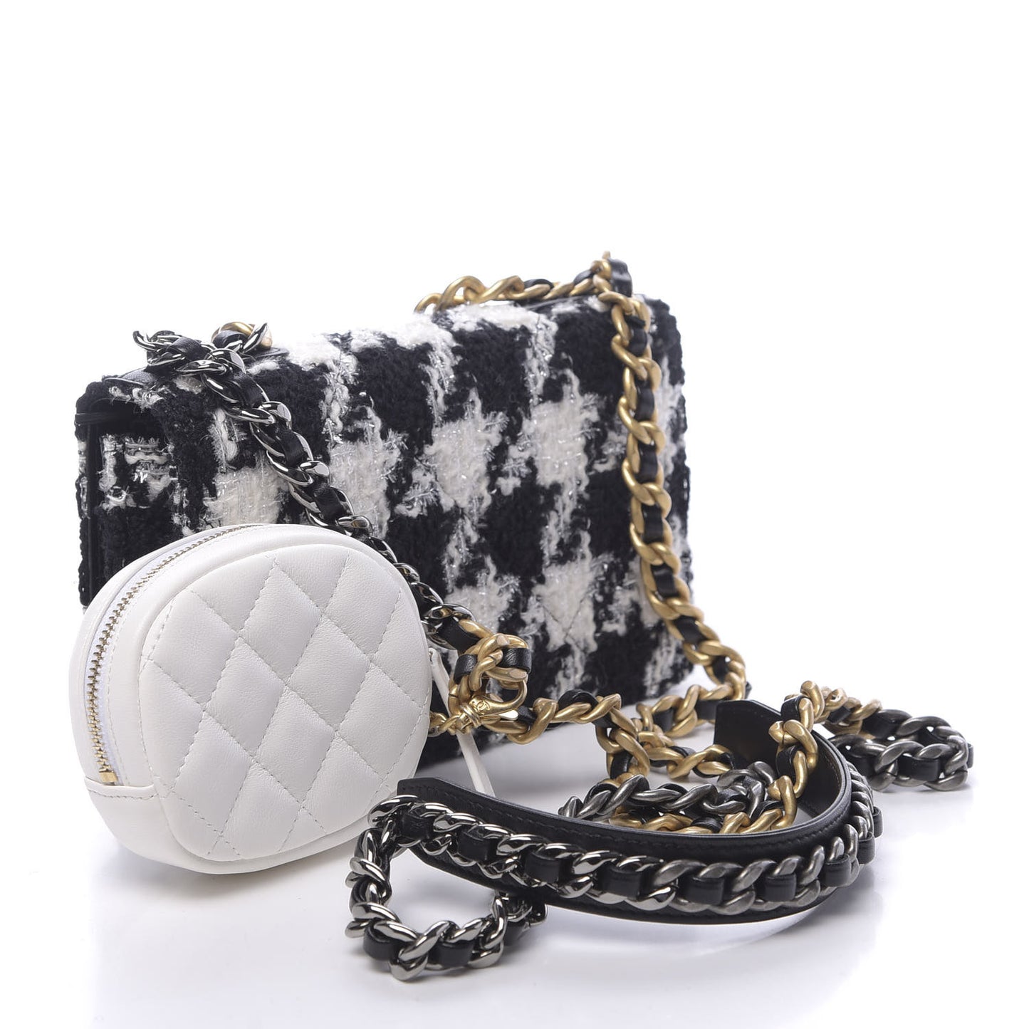 Wool Tweed Lambskin Quilted 19 Wallet On Chain WOC and Coin Purse Black White