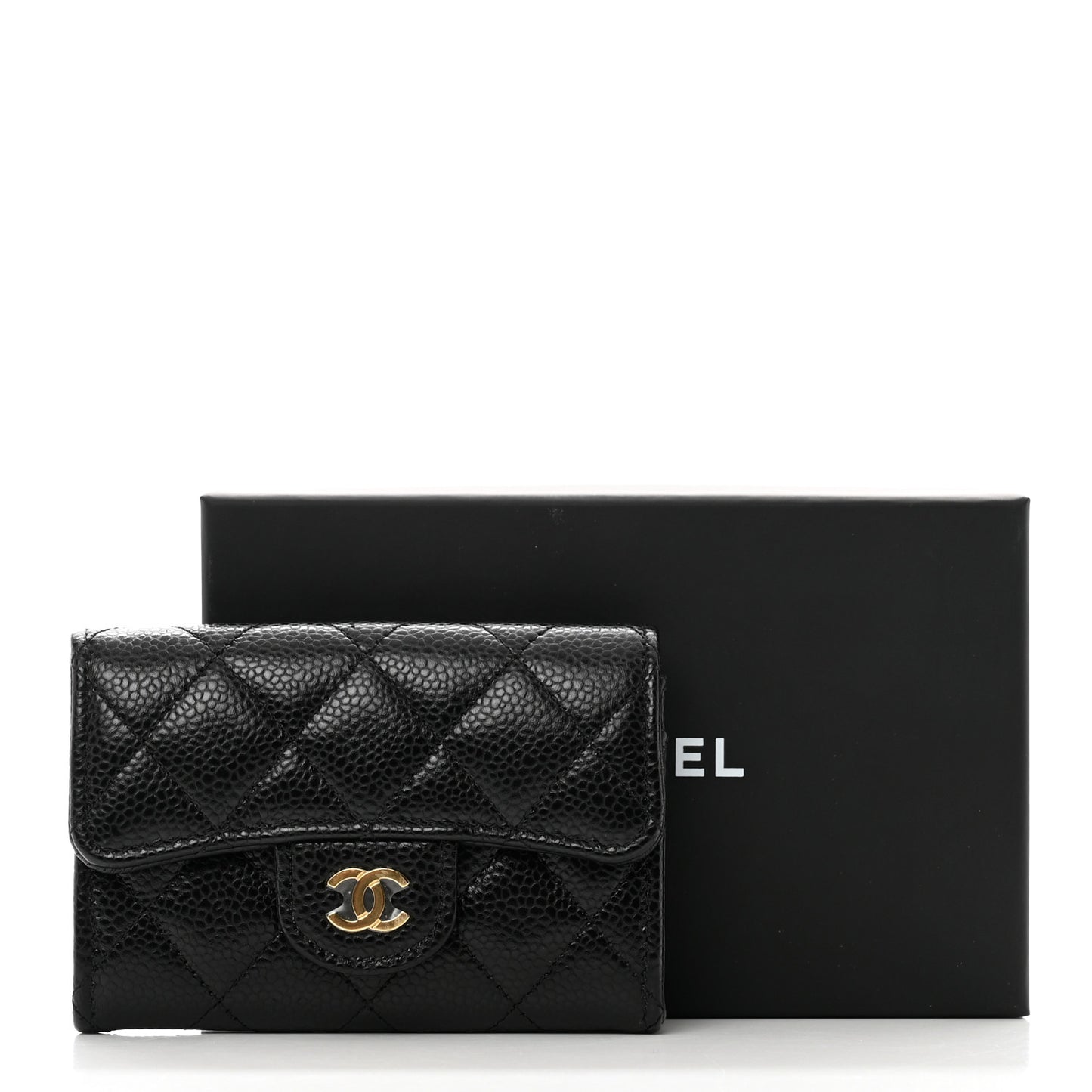 Caviar Quilted Flap Card Holder Wallet Black