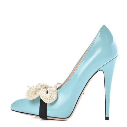 Gucci Polished Calfskin Removable Pearly Bow Elaisa Platform High Heel Pumps 38 New Aquamarine 1 of 11