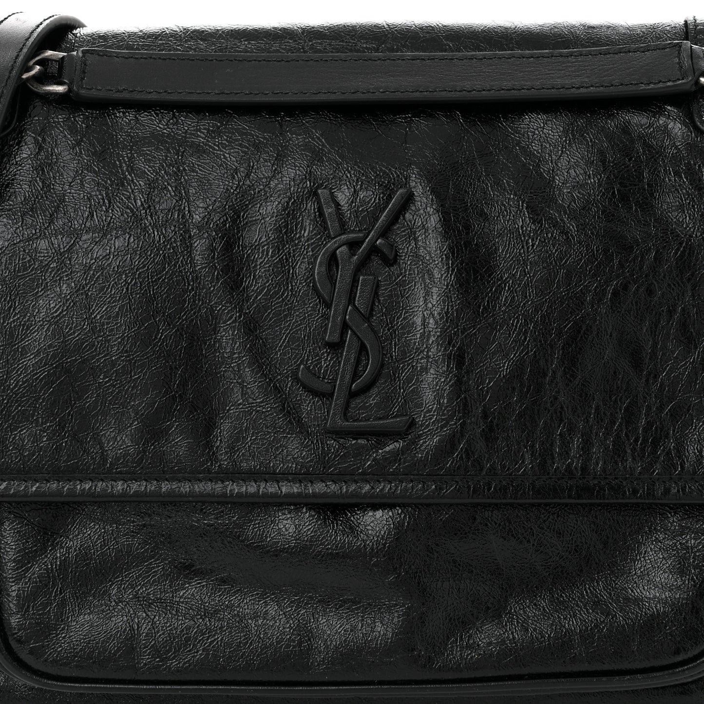 Crinkled Calfskin Monogram Medium Niki Chain Satchel Black