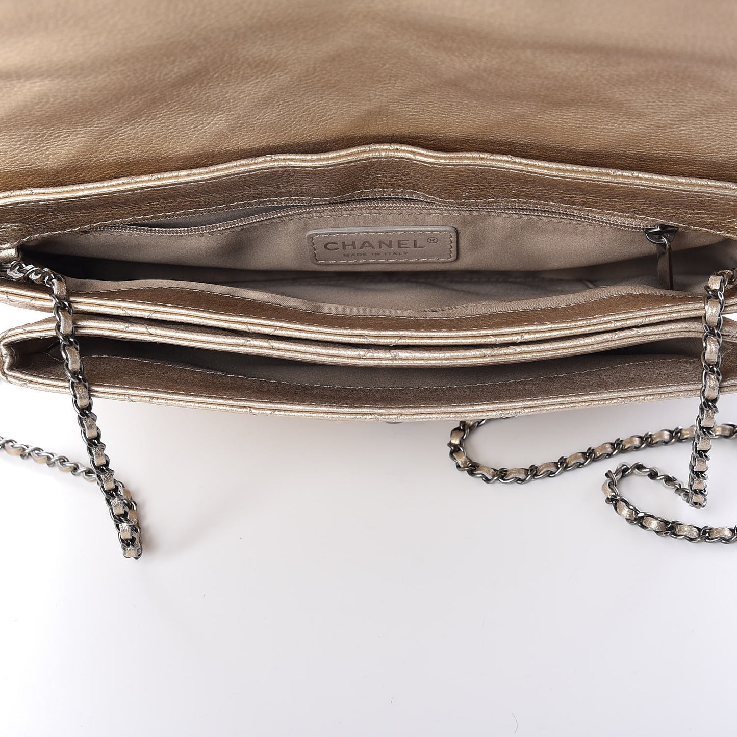 Metallic Calfskin Quilted Flap Clutch With Chain Light Gold