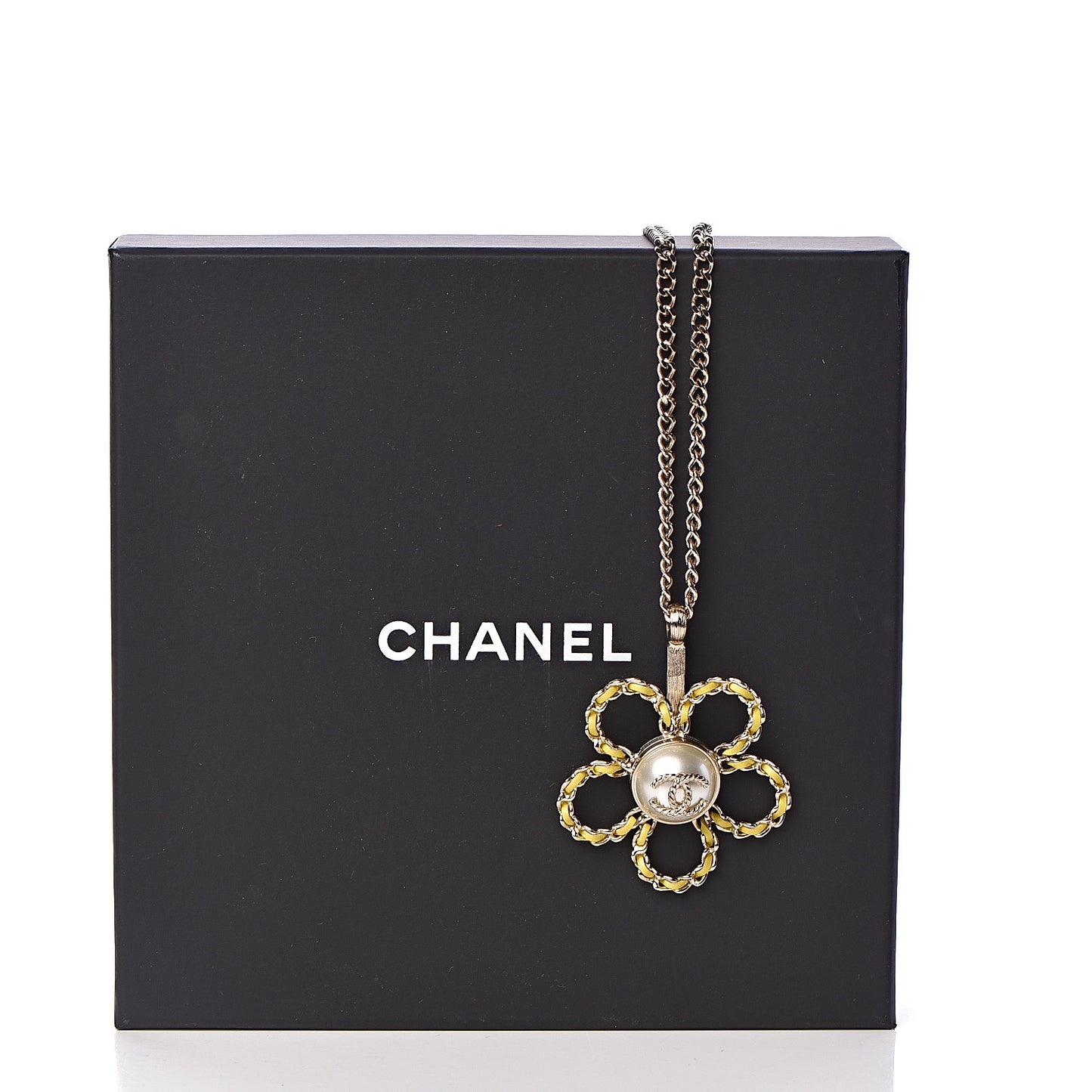 Pearl Lambskin Chain CC Flower Pendant Necklace Gold Yellow