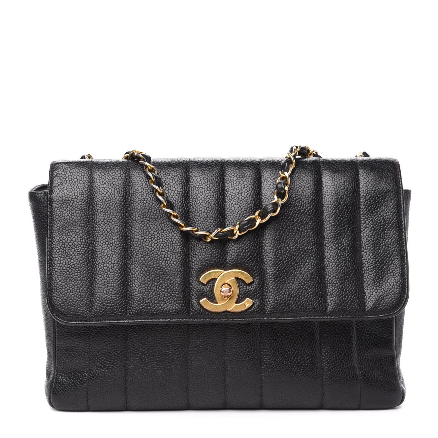 Caviar Vertical Quilt Small Single Flap Black