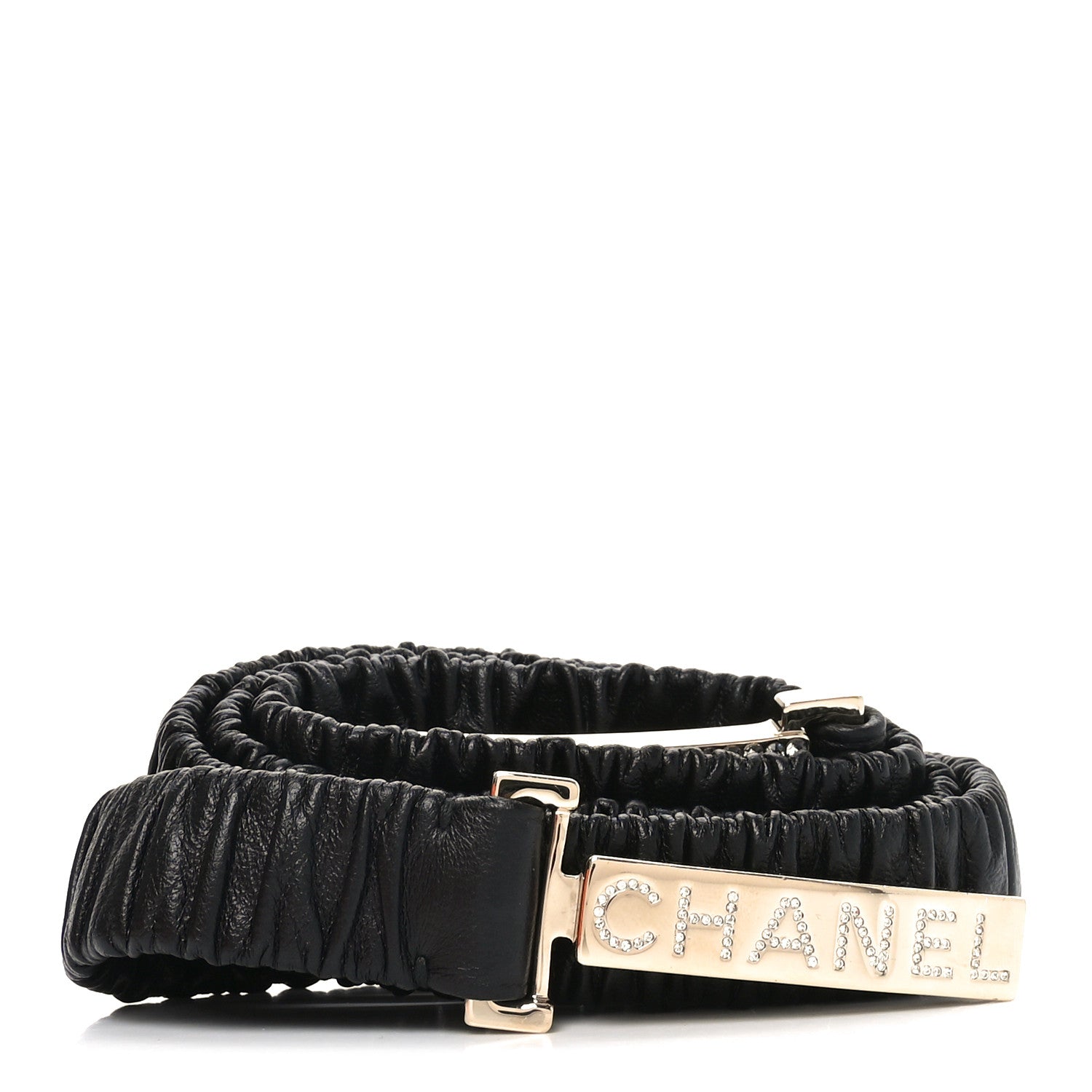 Chanel Lambskin Crystal Logo Belt 95 38 Black Gold 1 of 4
