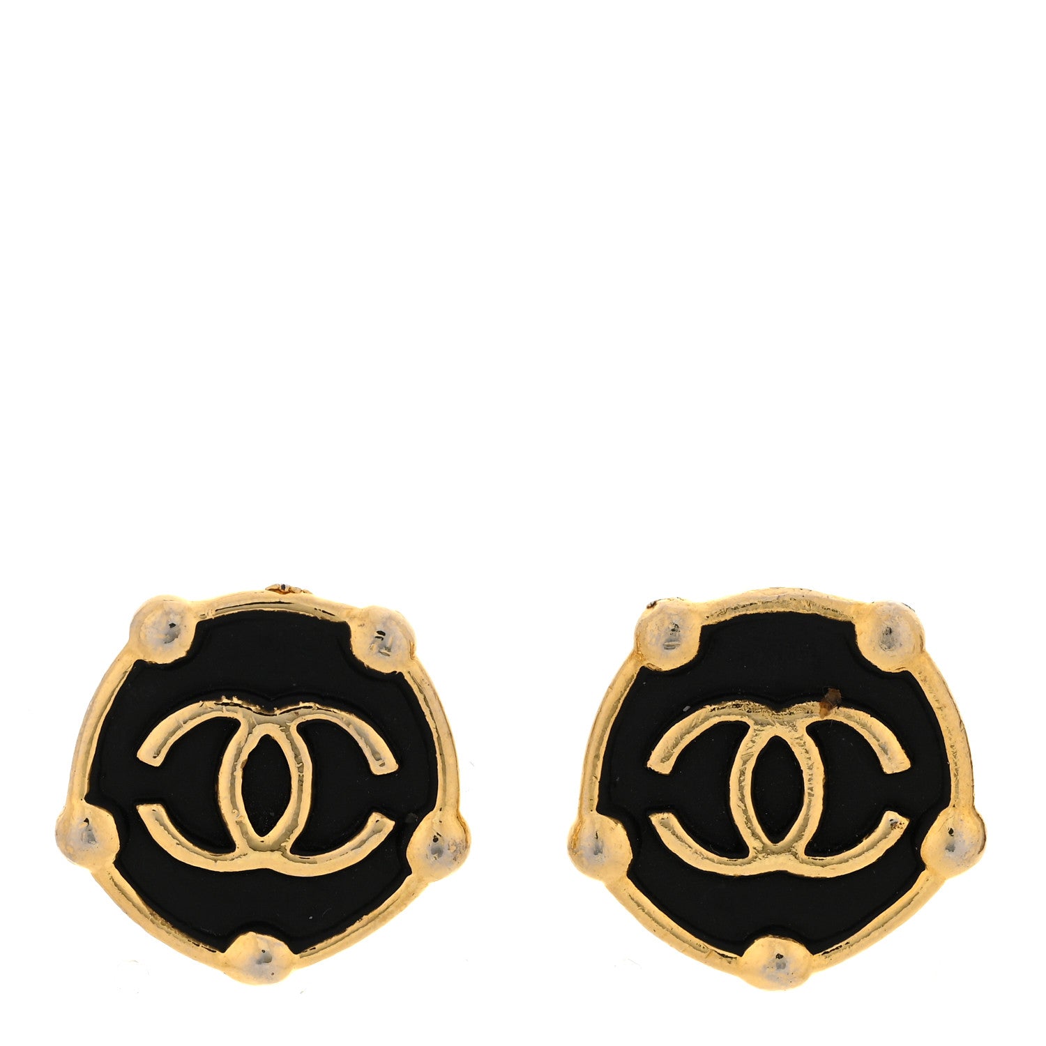 Chanel CC Round Clip On Earrings Black Gold 1 of 5